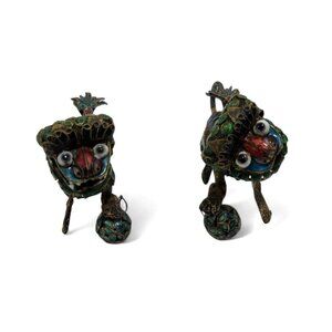 Enamel FOO DOG Figurine set with Articulated Heads China Vintage 2.5"